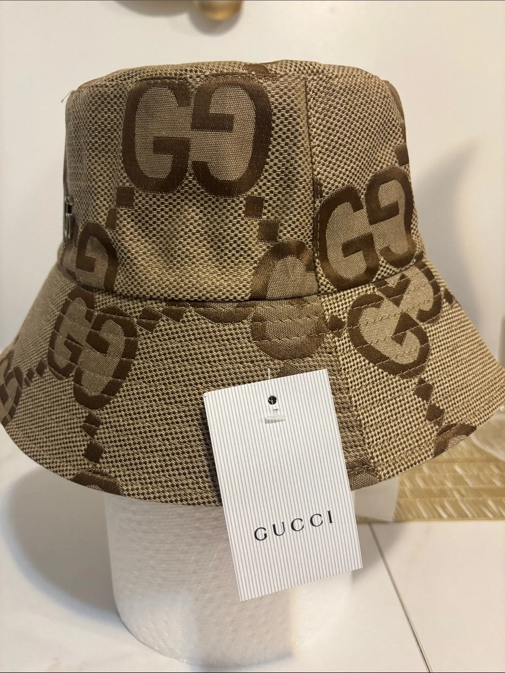 Gold Beige GG Jacquard Bucket Hat with Double G Emblem - Picture 2 of 7